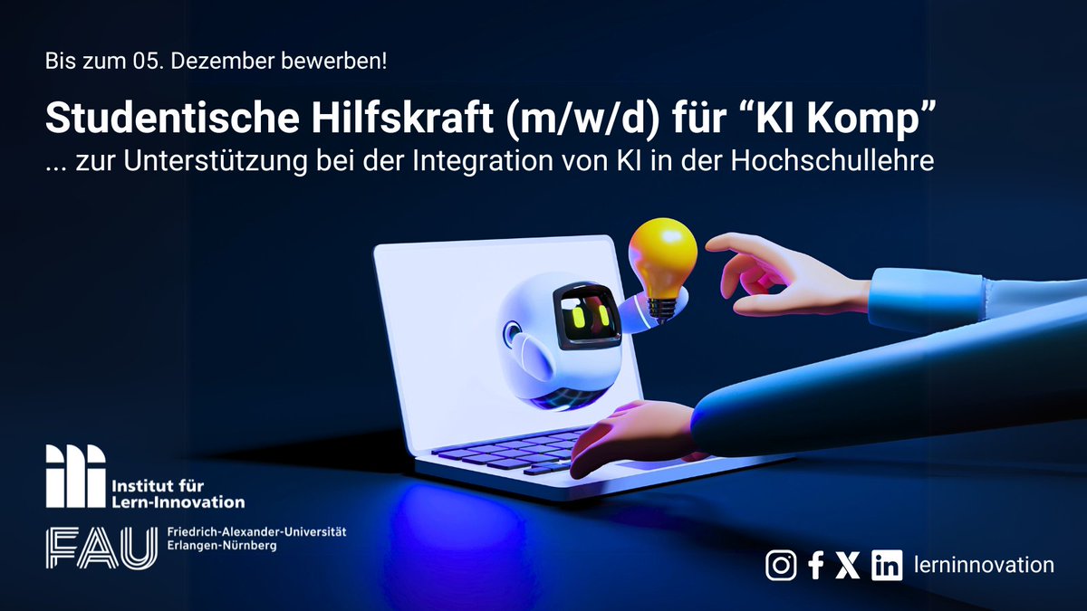 Wir suchen eine Studentische Hilfskraft (m/w/d) für spannende Projekte am ILI <a href="/UniFAU/">FAU Erlangen-Nbg</a>!
Du interessierst dich für KI &amp; möchtest die Zukunft der Hochschullehre mitgestalten?
Bewerbung bis 05.12.2024
Info:🔗 jobs.fau.de/jobs/studentis…

#FAUjobs #KI #Studentenjob #AI #job #Karriere