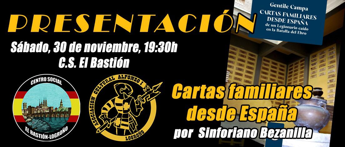 ℹ️Sábado 30 de noviembre a las 19:30 horas en nuestra sede social para la presentación del libro “Cartas familiares desde España” de Sinforiano Bezanilla.

📍Dúquesa de la Victoria, 59 bajo