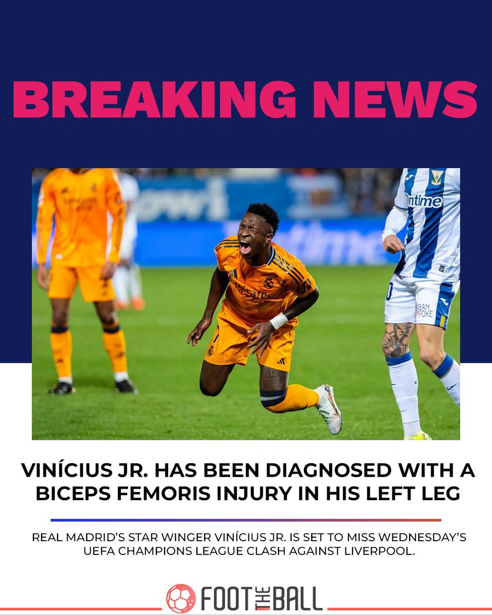 FootTheBallFC's tweet photo. Setback for Vinícius Jr. 😔 A biceps femoris injury in his left leg will keep him out for about three weeks 🩺⚽️

#soccer #football #bestfootball #footballnews #footballmeme #goals #news #sports #fc #foottheball #realmadrid #vinijr https://t.co/TjMDL7HsIX