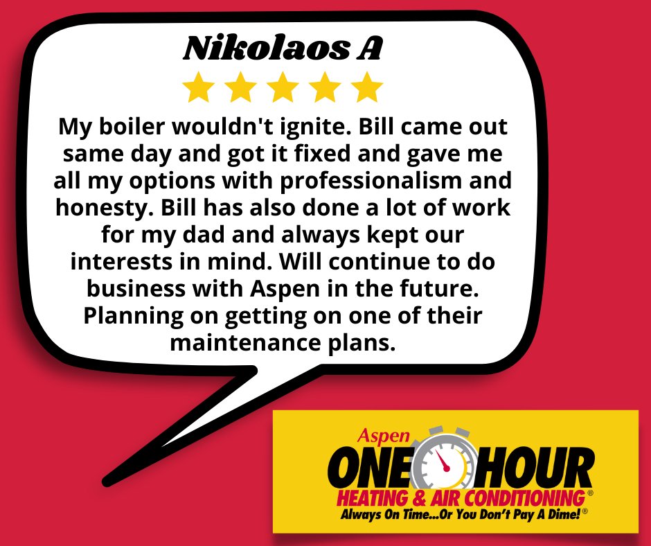 AspenOneHour's tweet photo. Nikolaos, thank you for the kind words about Bill! 👍

Your satisfaction is our top priority, and we're glad we could exceed your expectations. 

We look forward to serving you again in the future!

#OneHourHeatandAir #5StarReview⭐ https://t.co/t4Ff8UmDsS