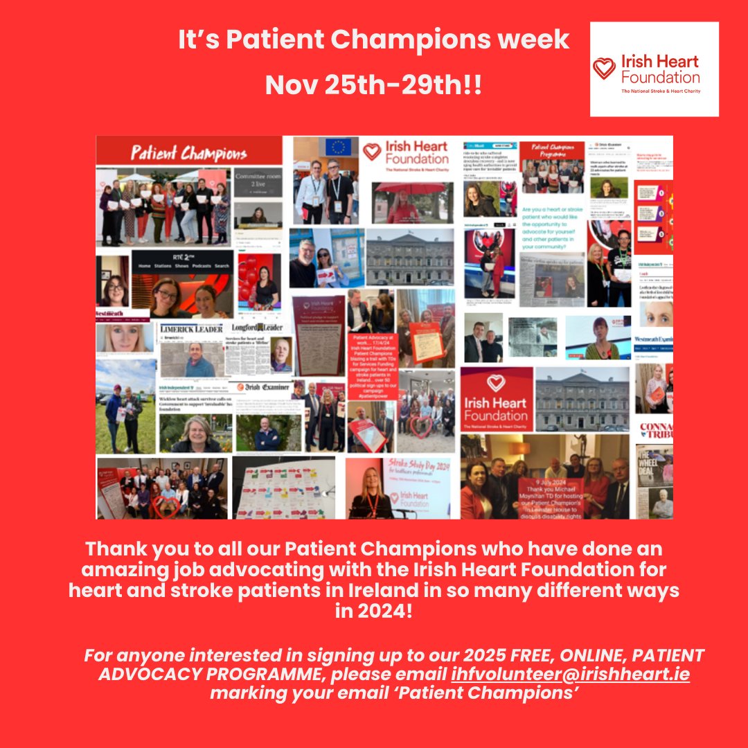It's <a href="/Irishheart_ie/">Irish Heart Foundation</a> Patient Champions Week! In 2024 our #PatientChampions have #advocated with us for #heart patients &amp; #stroke survivors in Ireland, in many different ways. We are now taking enrollment for this free, online, prog for 2025. See more at irishheart.ie/patientchampio…