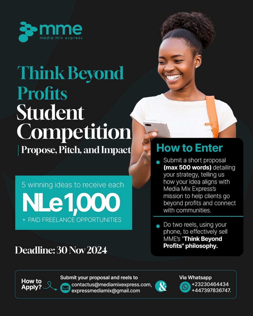 We are excited to announce the "Think Beyond Profits" Student Competition! Showcase your creativity, pitch bold ideas, and make a difference!
📷 Win NLe 1,000 each for 5 winning ideas
📷 Unlock paid freelance opportunities
Click on the link here: bit.ly/3ZjYm10