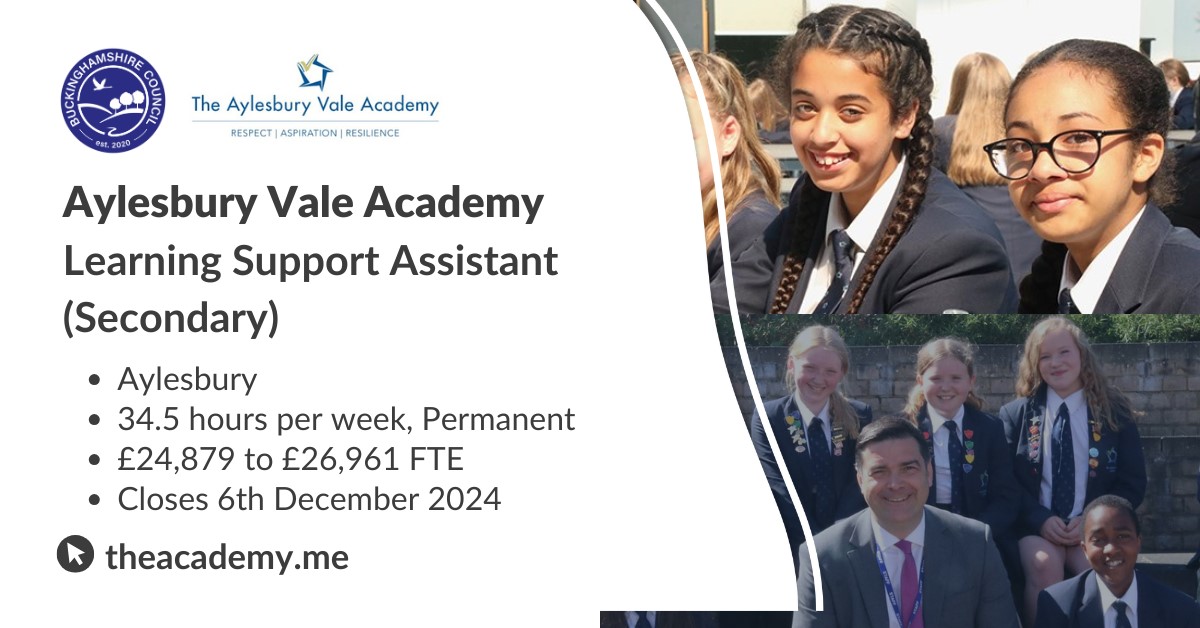teachbucks's tweet image. Aylesbury Vale Academy are looking to appoint a creative, knowledgeable, and enthusiastic Learning Support Assistant to join their SEND department. Find out more: ow.ly/sB4250UcOmT
#TeachingAssistant #LearningSupportAssistant #Learningsupport