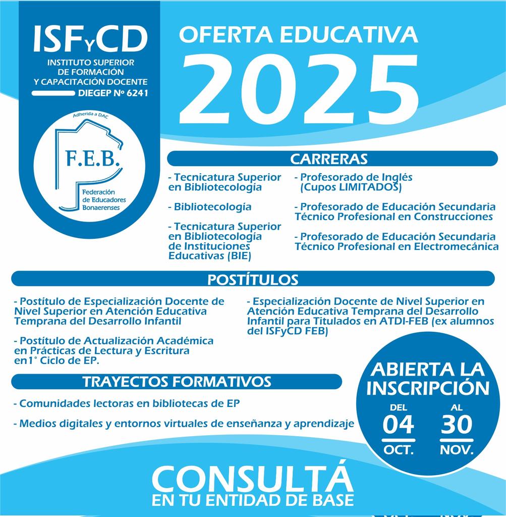 febudebvtelopez's tweet photo. #InstitutoFEB
*OFERTA EDUCATIVA 2025*
🔴 _*Última semana para inscribirte!!!*_ 🔴

✅ Carreras
✅ Postítulos
✅ Trayectos Formativos

📌 No dejes pasar la oportunidad y consultá en tu Entidad https://t.co/S3VHxMlz0v