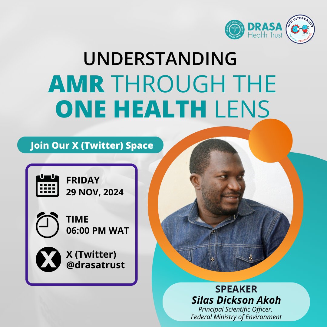 drasatrust's tweet photo. Together with our expert speakers, we will examine the interconnected factors contributing to #AMR and examine solutions to protect public health.
Please share this with your loved ones and save the date!
#DRASAXSpaces
#LearnWithDRASA
#OneHealthAMR https://t.co/dp1cG1akyE