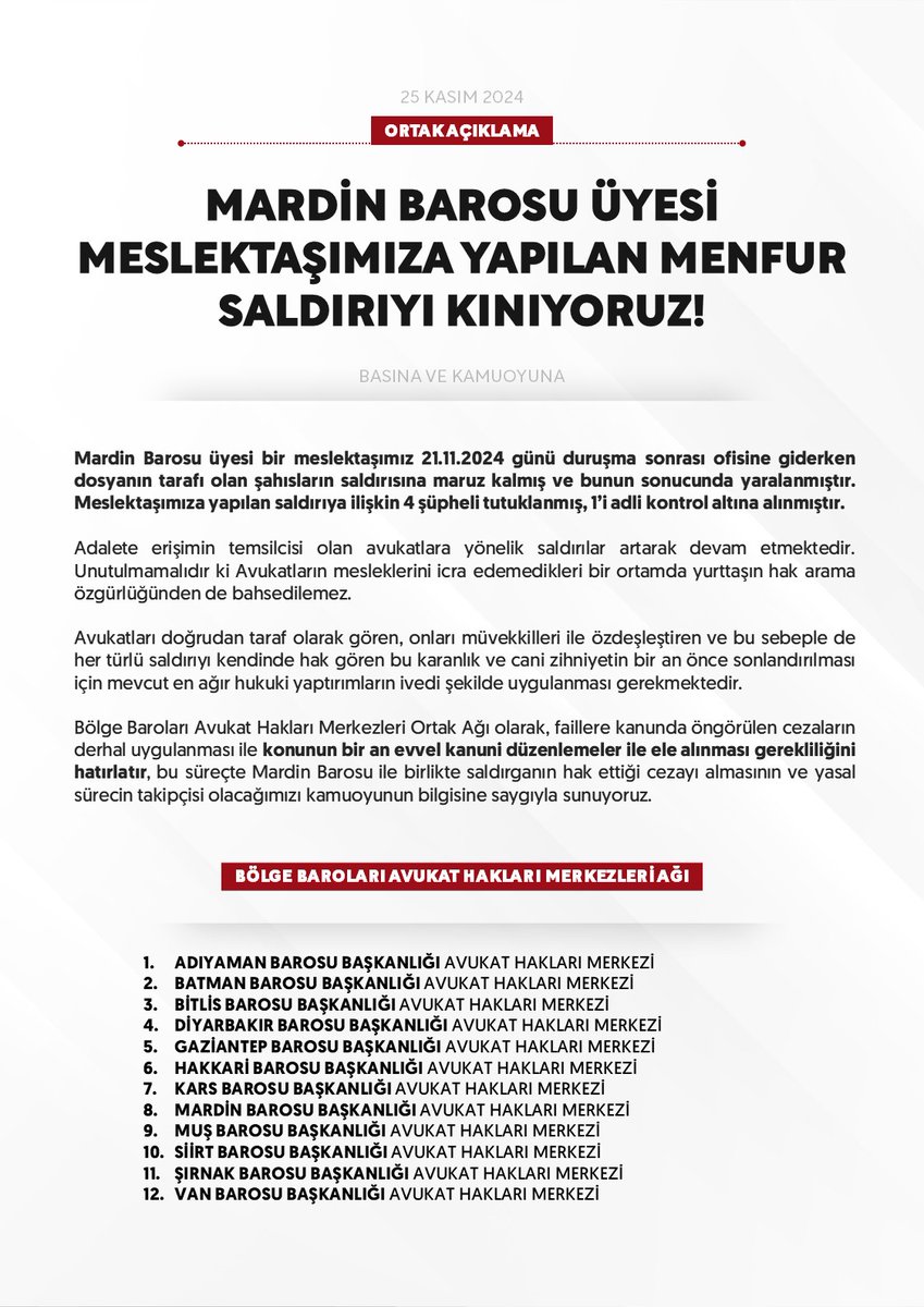 AvukatBarosu's tweet photo. Bölge Baroları Avukat Hakları Merkezleri Ağı Ortak Açıklaması

“MARDİN BAROSU ÜYESİ MESLEKTAŞIMIZA YAPILAN MENFUR SALDIRIYI KINIYORUZ” https://t.co/699Oh6guoP