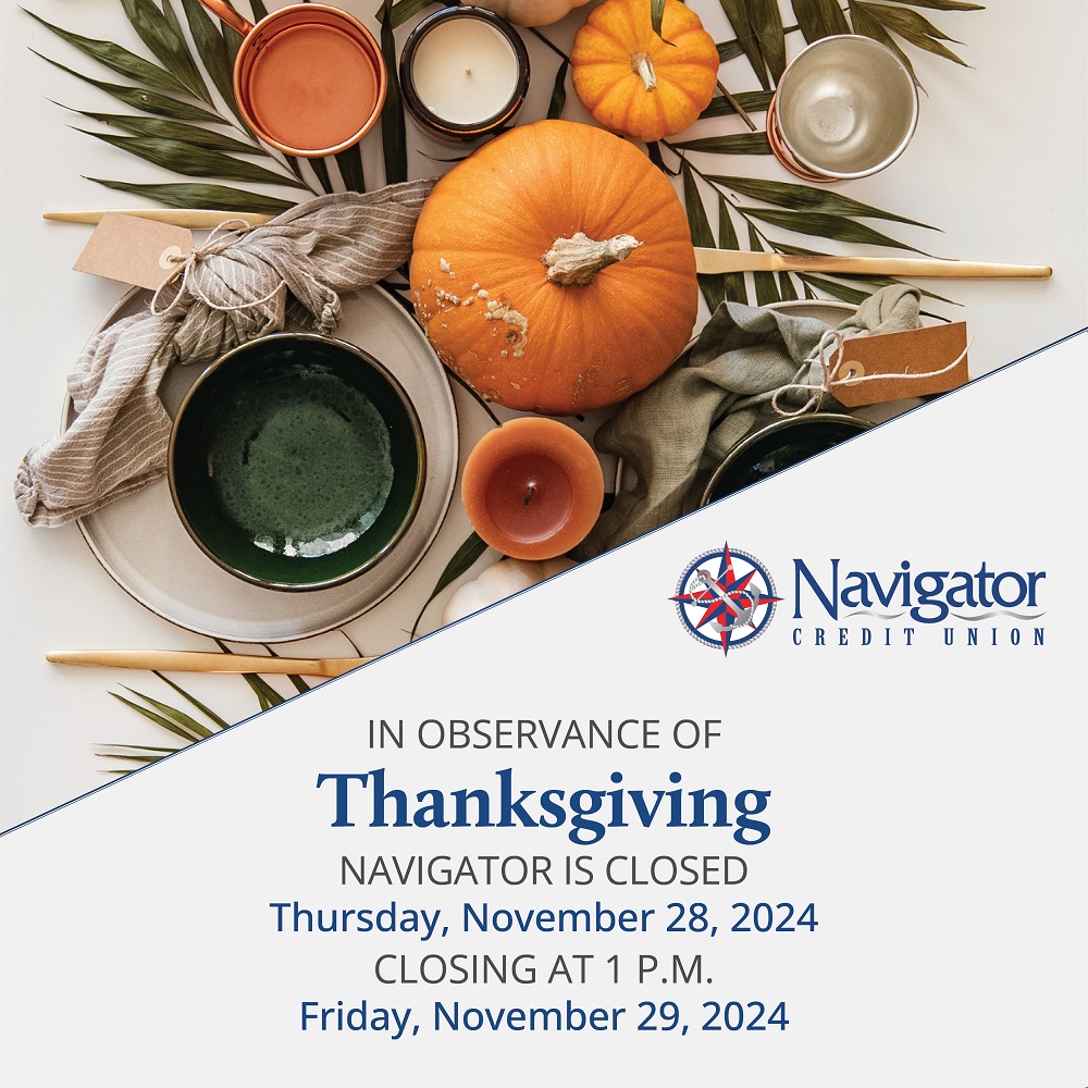 NavigatorCU's tweet image. All Navigator Branches will be closed on Thursday, Nov. 28, in observance of Thanksgiving. All Branches will be open until 1 p.m. Friday, Nov. 29. Branches with Saturday hours will be open Nov. 30.