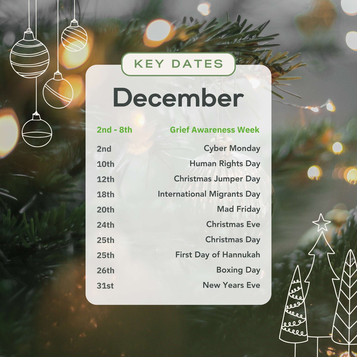 Is your content calendar prepped for the final month of the year? 📆

As December creeps closer, it's time to gear up and stay on top of key dates! Get ready for December by putting these important dates in your content calendar! 🎄

#SocialContentCalendar #DecemberDates