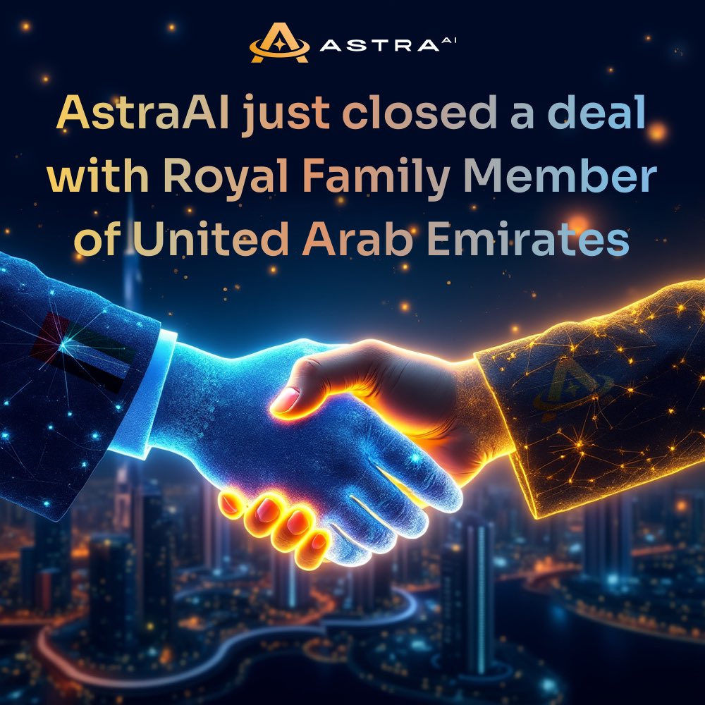 AstraLabs_Inc's tweet photo. $ASTRA HUGE MILESTONE 🇦🇪✨

Today marks a significant milestone for AstraAI as our Founder & CEO @MarketMantis_ND has successfully secured a major deal with a member of the UAE royal family. 🤝🏻

This partnership opens doors to incredible opportunities, including connections with government entities and leading businesses. 

This is just the beginning - AstraAI is set to make its mark everywhere. Stay tuned, the best is yet to come! 🚀

Per Aspera Ad $ASTRA ✨
