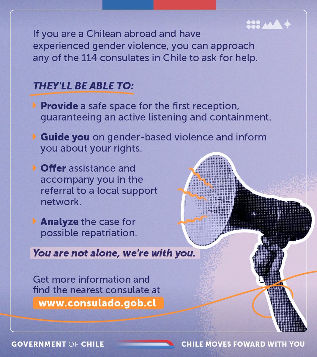 Today we commemorate the International Day for the Elimination of Violence against Women, a day in which we highlight the progress made in consular attention with a gender perspective.

Learn more about this initiative and find your nearest consulate in consulado.gob.cl