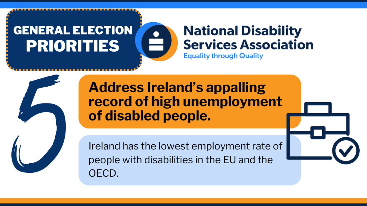 #GE24 - How do your local candidates address -
4.Investing to fully resource the Action Plan for Disability Services.
5. Ireland's appalling record of high unemployment of disabled people,
Read our five priorities: ndsa.ie
#PrioritiseDisability #GeneralElection24