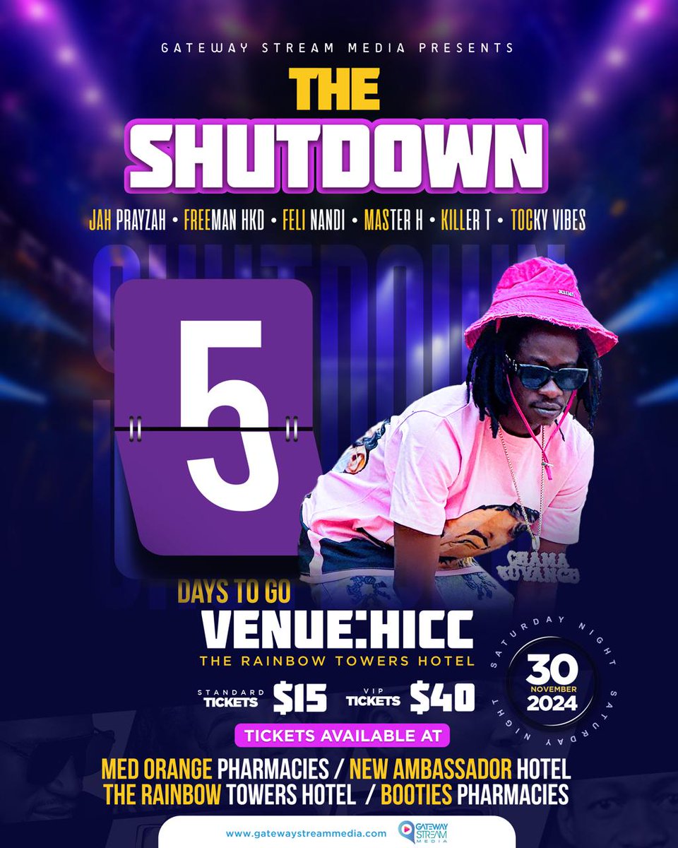 Chamakuvangu! Tocky Vibes is bringing the fire to The Shutdown in just 5 days! 🔥  Get ready for a performance that will leave you wanting more. Secure your tickets now and don't miss out on this epic night!

#TheShutdownZW