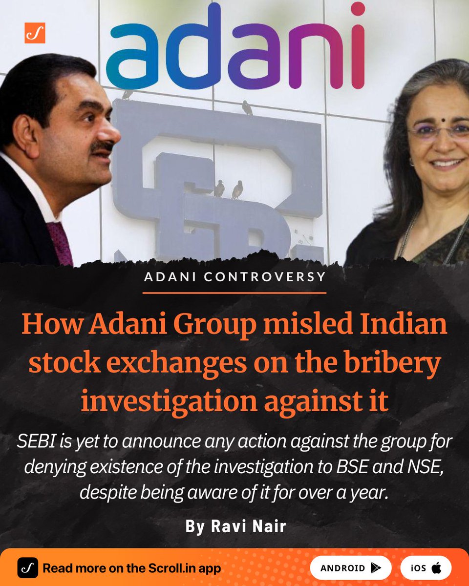 Contrary to their admissions to Indian stock exchanges, Federal Bureau of Investigation special agents had revealed the existence of an investigation to Sagar R Adani over a year before.

scroll.in/article/107605…

Ravi Nair tracks how the Adani Group misled #SEBI