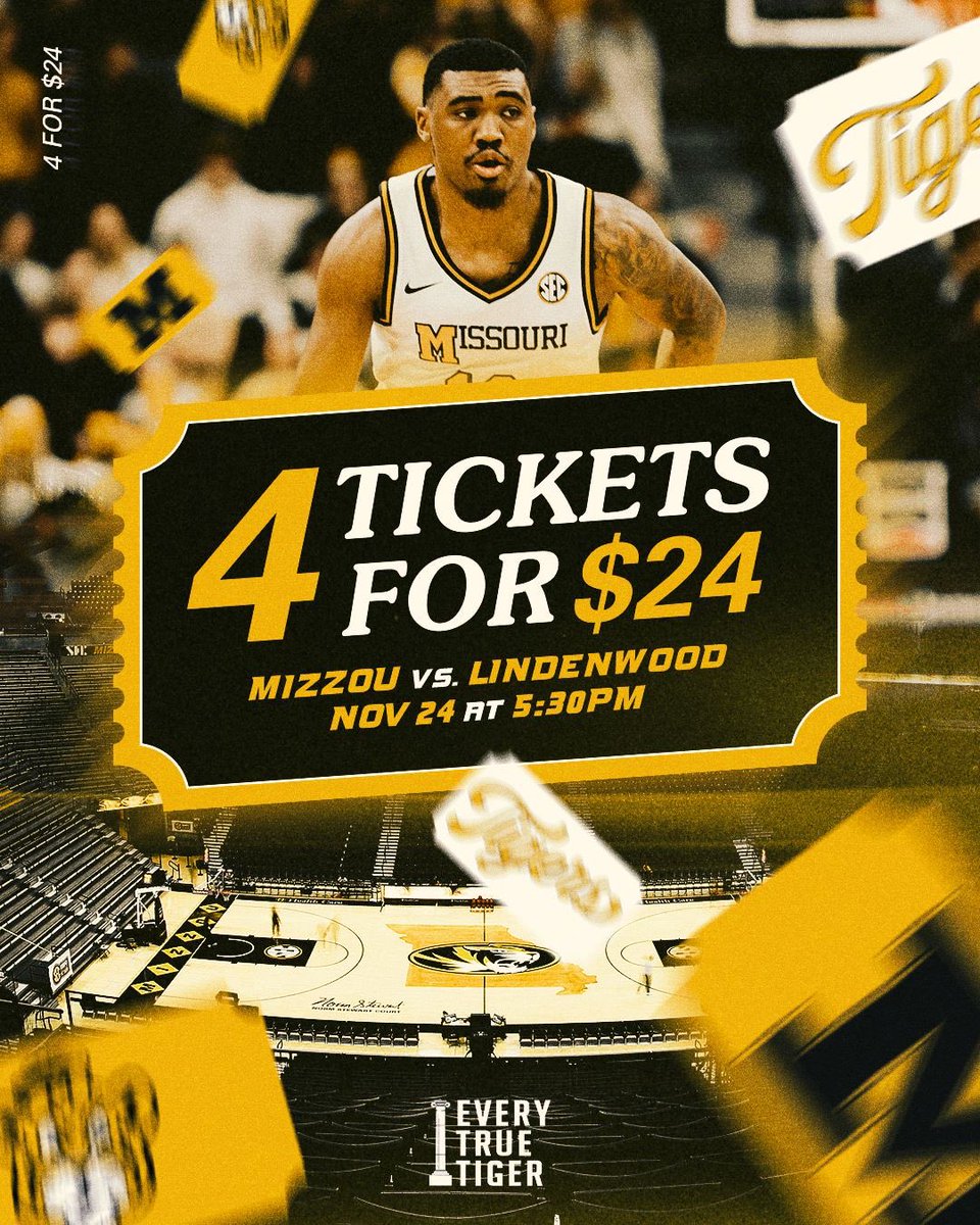 Ready for Mizzou basketball? Get 4 tickets for $24 today! 🏀 #MIZ
#ETTB <a href="/MizzouAthletics/">Mizzou Athletics</a> 
<a href="/MizzouHoops/">Mizzou Hoops</a> 
🗓️: November 22
⏰: 6:30pm
🏟️: Mizzou Arena