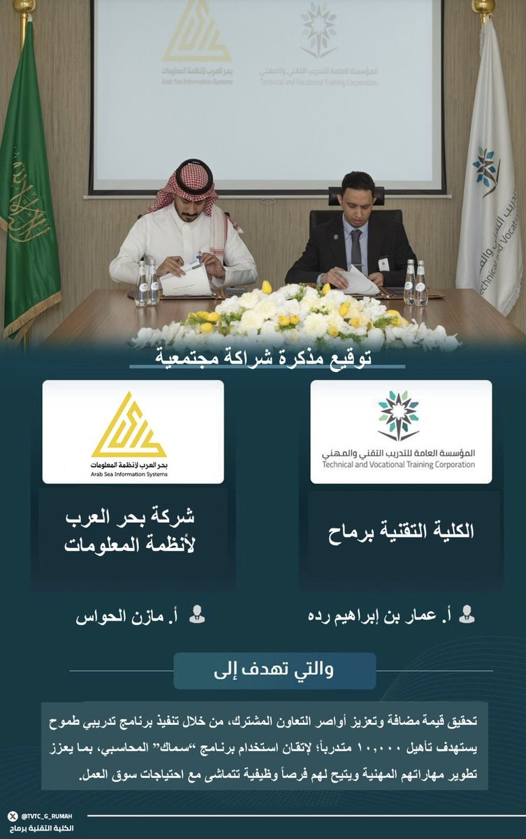 شراكة مجتمعية |

وقّعت #الكلية_التقنية_برماح اتفاقية شراكة مجتمعية مع شركة بحر العرب لأنظمة المعلومات <a href="/ArabSeaCo/">Arab Sea Co | شركة بحر العرب</a> ، لتعزيز التعاون في تنفيذ برامج تدريبية تهدف إلى تطوير الكفاءات الوطنية وتلبية احتياجات سوق العمل.

#التدريب_التقني