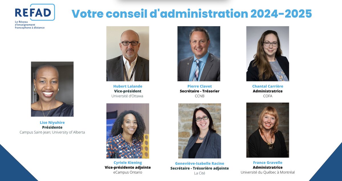 📢 Nous avons le plaisir de vous présenter le CA du REFAD pour l’année 2024. Composé de membres engagés et passionnés par l’éducation à distance en français, ils soutiennent notre mission en mettant à contribution leur expertise et leur engagement envers l’innovation éducative.
