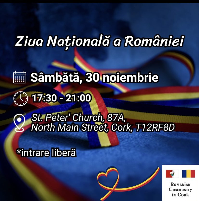 This Saturday we are celebrating Romania’s National Day <a href="/StPetersCork/">St. Peter's Cork</a> along with the local Romanian community. All welcome to an evening of joy and celebrations! #ziuaromaniei #romaniasday #cultureandcelebration #corkcity