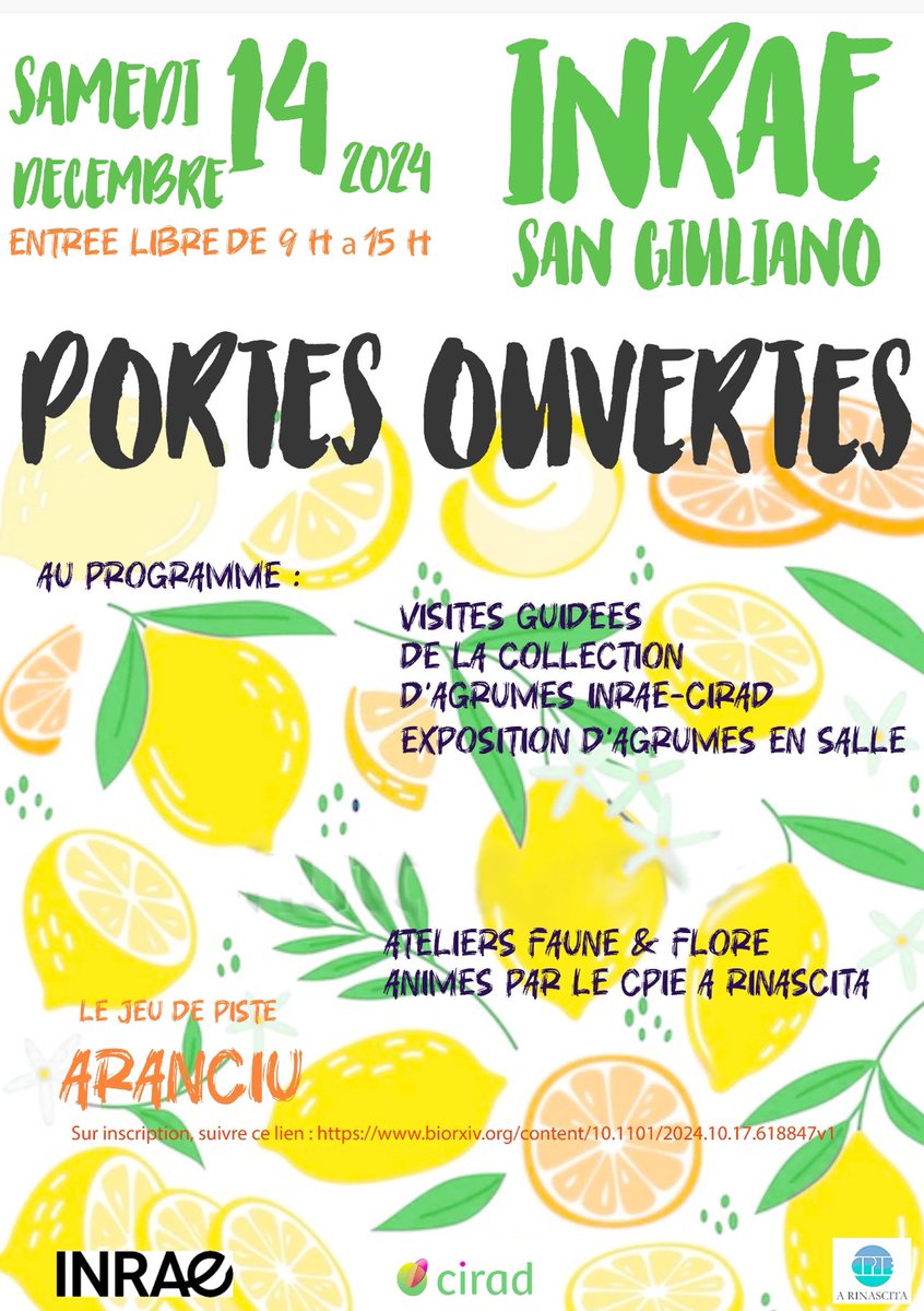 𝟭4 𝗗É𝗖. :𝕁𝕠𝕦𝕣𝕟é𝕖 𝕡𝕠𝕣𝕥𝕖𝕤-𝕠𝕦𝕧𝕖𝕣𝕥𝕖𝕤 : vergers d’agrumes San Giuliano CRB Citrus 🍊
L’une des + belles collections d’agrumes au monde ouvre ses portes   14 déc. de 9h à 15h
✅ Aranciu un jeu /lien pour s’inscrire : biorxiv.org/content/10.110…
Prévoir baskets.