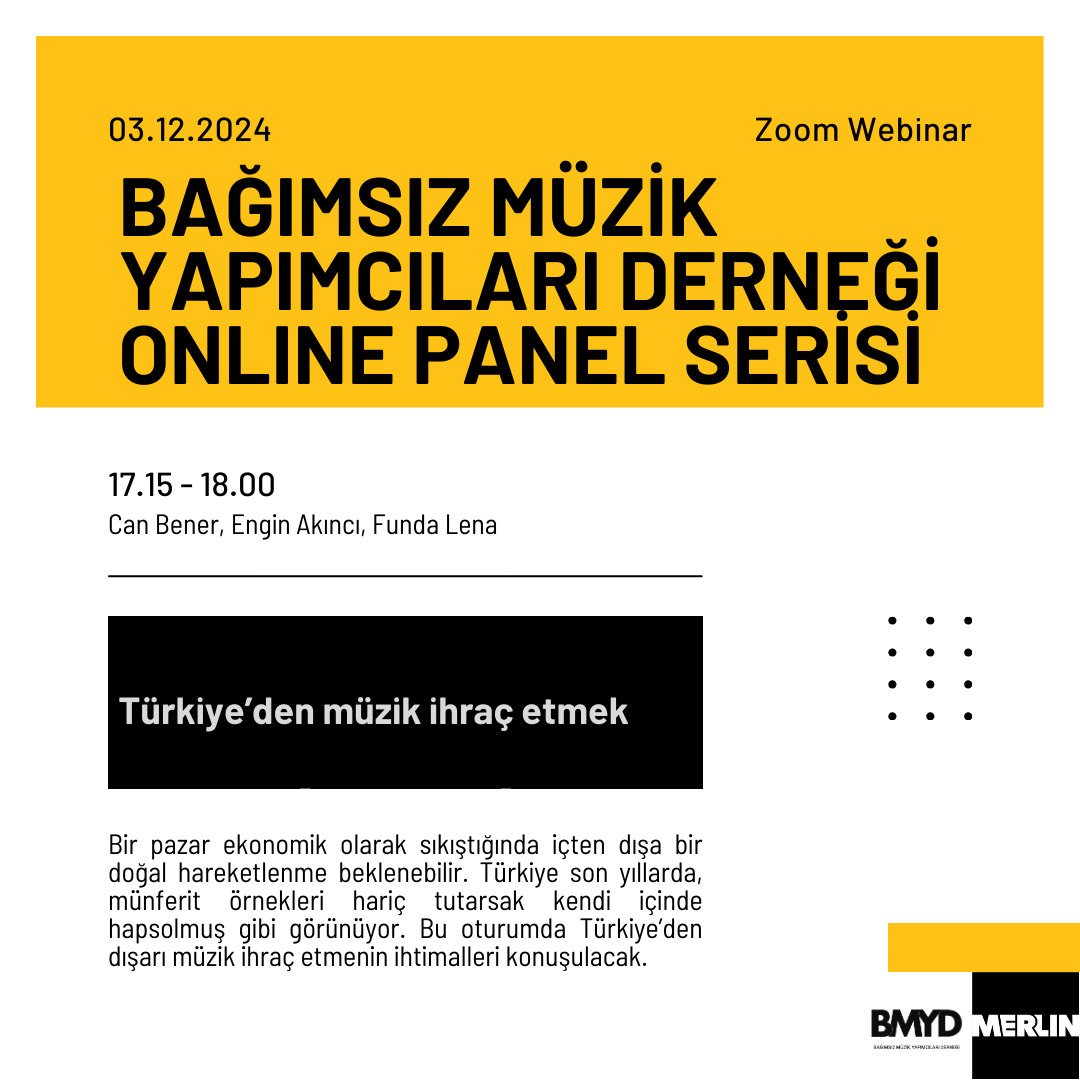 Engin Akinci (@enginakinci) on Twitter photo Bağımsız Müzik Yapımcıları Derneği ( BMYD), yılı müzik profesyonelleri, müzisyenler ve sektör paydaşlarına yönelik online panel serisiyle kapatıyor. 3 Aralık Salı 17.15'te gerçekleşecek "Türkiye’den müzik ihraç etmek" başlıklı oturumda buluşalım <a href="/bmydorg/">Bağımsız Müzik Yapımcıları Derneği</a>
lnkd.in/dCDH5kRv Bağımsız Müzik Yapımcıları Derneği ( BMYD), yılı müzik profesyonelleri, müzisyenler ve sektör paydaşlarına yönelik online panel serisiyle kapatıyor. 3 Aralık Salı 17.15'te gerçekleşecek "Türkiye’den müzik ihraç etmek" başlıklı oturumda buluşalım <a href="/bmydorg/">Bağımsız Müzik Yapımcıları Derneği</a>
lnkd.in/dCDH5kRv