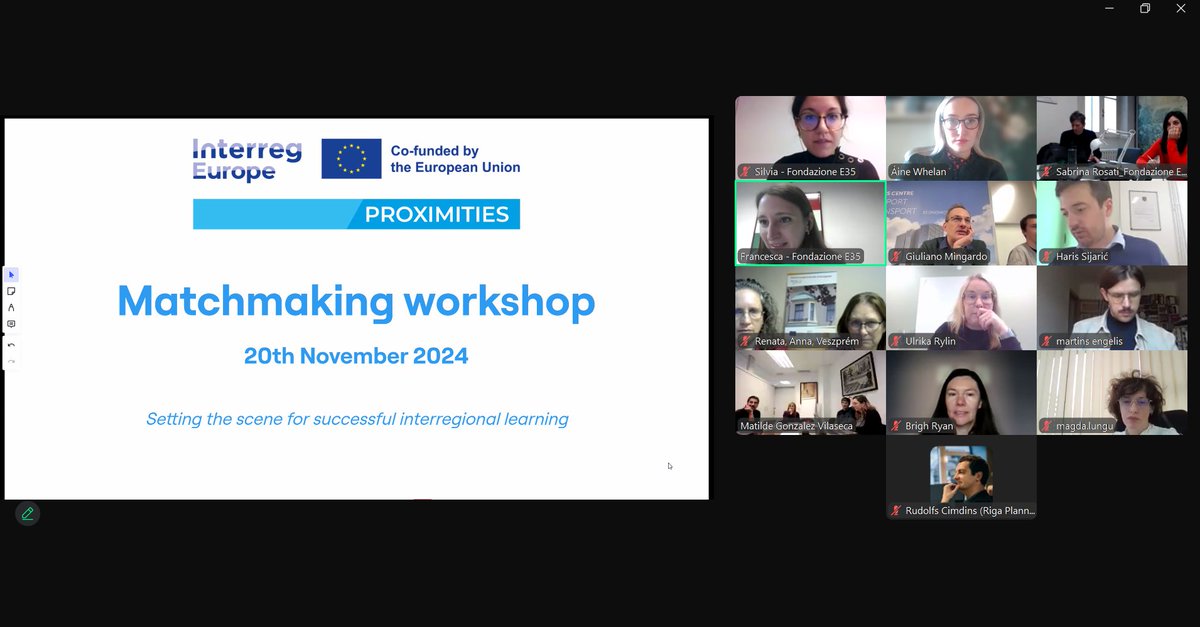 PROXIMITIES_IE's tweet photo. The #PROXIMITIES project hosted an Online Matchmaking Workshop, uniting partners to tackle shared challenges & align learning needs with good practices 🤝
Collaboration for greener, healthier, more livable urban areas continues!
#InterregEurope #EuropeCooperates #EuinMyRegion https://t.co/mROMecup4R