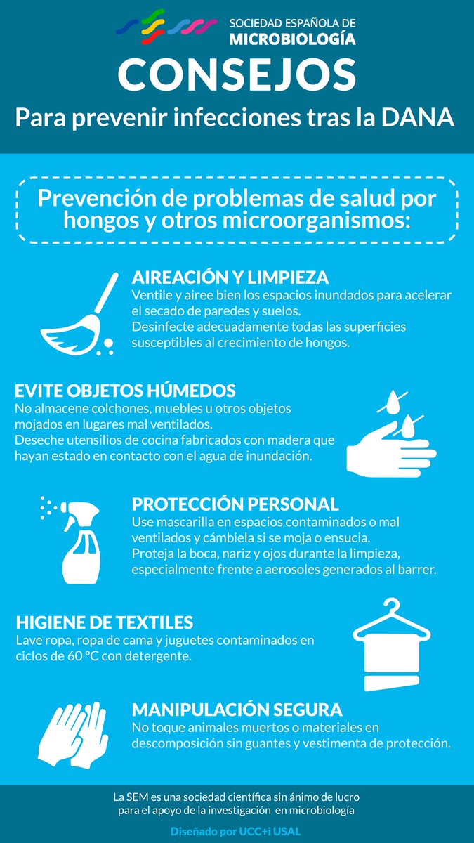 Alex Mira (@mira_ale) on Twitter photo Desde la Sociedad Española de Microbiología se ha realizado una infografía buenísima con información para prevenir infecciones en las zonas afectadas x la DANA. Os agradecemos la mayor difusión posible. Un abrazo a todos los voluntarios y profesionales al pie del cañón. Desde la Sociedad Española de Microbiología se ha realizado una infografía buenísima con información para prevenir infecciones en las zonas afectadas x la DANA. Os agradecemos la mayor difusión posible. Un abrazo a todos los voluntarios y profesionales al pie del cañón.