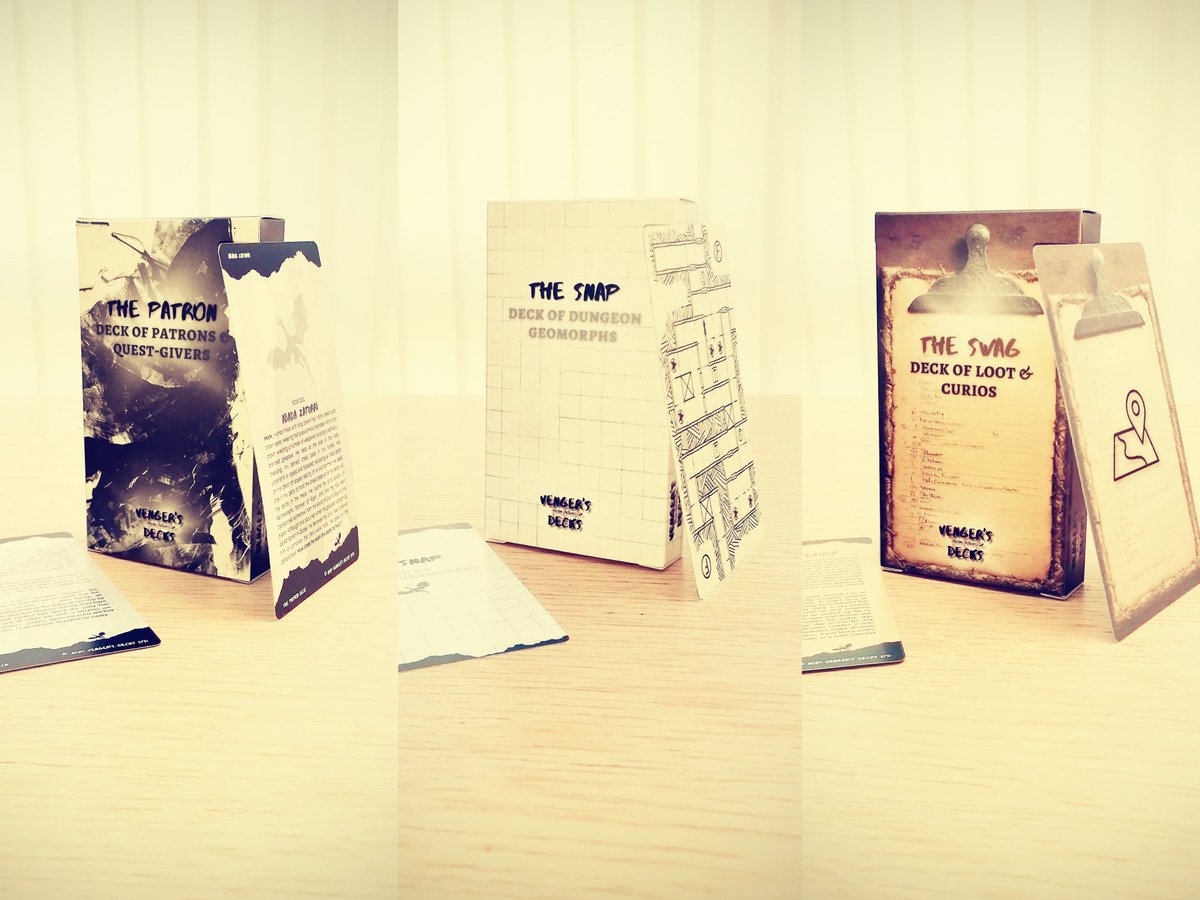 3 decks of utter CHAOS. Sprinkle random madness into your #ttrpg with NPCs, loot, and classic dungeons with these three decks, The Patron, The Snap, and The Swag!

vengersdecks.com

#rpg #dnd #dungeonsanddragons #vengerschaos #vengersdecks #vengersrealm #dungeonmaster