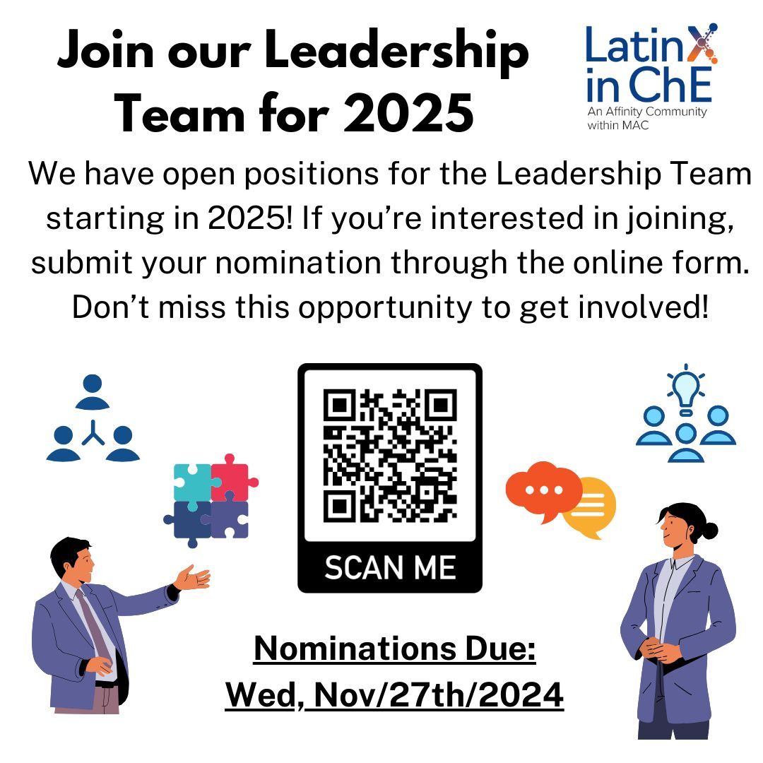 LatinX in ChE (@latinxinche) on Twitter photo Only 2 days left to submit your nominations for the 2025 Leadership Team! If youโre passionate about supporting <a href="/LatinXinChE/">LatinX in ChE</a>, donโt miss this chance - due Wed Nov/27.
๐ Learn more about the positions and how to apply here or via the QR code:ย lnkd.in/g6yT2n-5 Only 2 days left to submit your nominations for the 2025 Leadership Team! If youโre passionate about supporting <a href="/LatinXinChE/">LatinX in ChE</a>, donโt miss this chance - due Wed Nov/27.
๐ Learn more about the positions and how to apply here or via the QR code:ย lnkd.in/g6yT2n-5