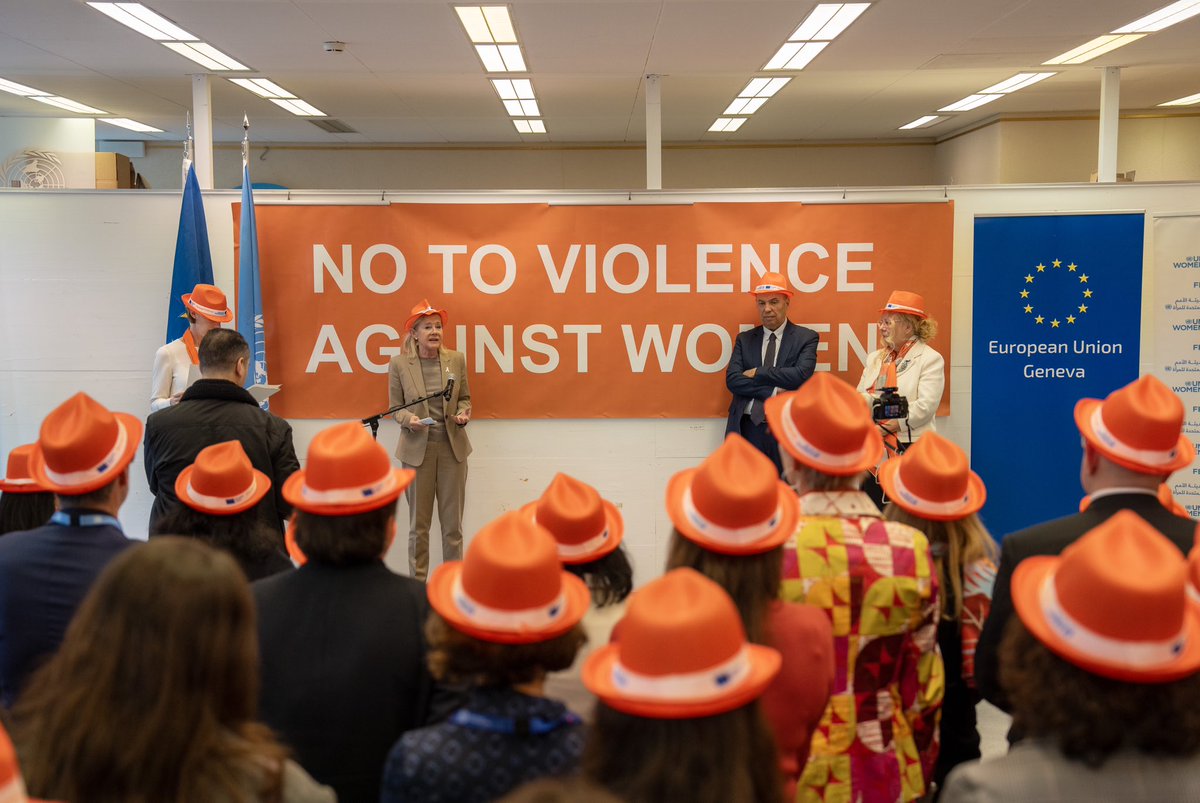 EU_UNGeneva's tweet photo. Today International Geneva takes a stance against gender-based violence, honours survivors of GBV & remembers the victims. A heartfelt thank you to everyone who joined us to support this vital cause. π§‘ Letβs #OrangeTheWorld and make a difference! #ITakeMyHatOff #NoExcuse https://t.co/YDxvjbDhN5