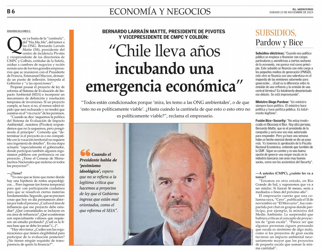 Pivotes_cl's tweet photo. 🚨 "#Chile lleva años incubando una #EmergenciaEconómica tan grave como la de seguridad".

Dice @BernardoLarrain, presidente de #Pivotes 🗣

📌 Propone un punto de inflexión: reingeniería al #SEIA y un nuevo impulso para inversiones estratégicas.

📰 Más: https://t.co/CQxFWb6N3f