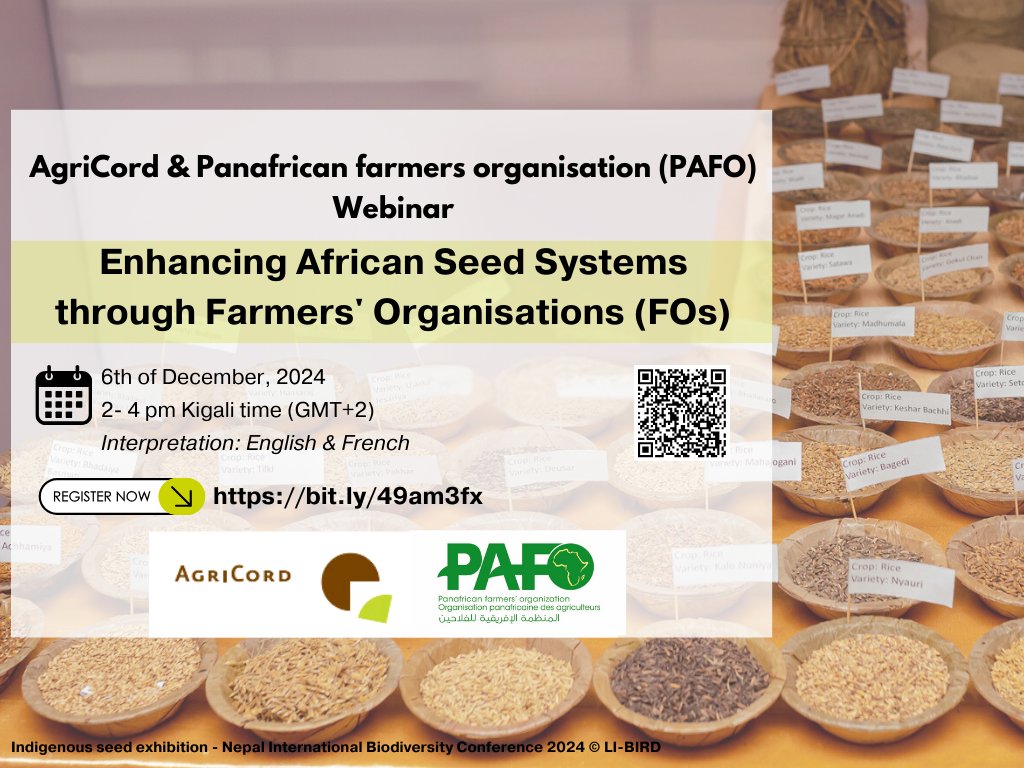 AgriCord (@ffp_agricord) on Twitter photo Join <a href="/FFP_AgriCord/">AgriCord</a> & <a href="/pafo_africa/">Pan African Farmers Organisation (PAFO)</a> for an Exciting Webinar on Innovative Seed Initiatives!ย
๐
ย Friday, 6th of December
๐ย 2 - 4 pm Kigali time (GMT +2)
๐ย English and French
๐๐๐ ๐ข๐ฌ๐ญ๐๐ซ ๐ง๐จ๐ฐ:ย ๐us02web.zoom.us/meeting/registโฆ
#seedsystems #farmers #FORI #FarmersOrganisations Join <a href="/FFP_AgriCord/">AgriCord</a> & <a href="/pafo_africa/">Pan African Farmers Organisation (PAFO)</a> for an Exciting Webinar on Innovative Seed Initiatives!ย
๐
ย Friday, 6th of December
๐ย 2 - 4 pm Kigali time (GMT +2)
๐ย English and French
๐๐๐ ๐ข๐ฌ๐ญ๐๐ซ ๐ง๐จ๐ฐ:ย ๐us02web.zoom.us/meeting/registโฆ
#seedsystems #farmers #FORI #FarmersOrganisations