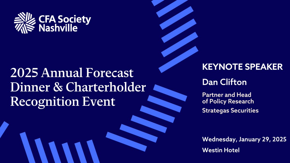 cfa_nash's tweet photo. Join us! Registration for the 2025 Annual Forecast Dinner &amp; Charterholder Recognition Event is open. Hear from Dan Clifton at this premier event - you don't want to miss out! 
Register: https://t.co/SeeEpWv2fZ https://t.co/iEpLiXl78D