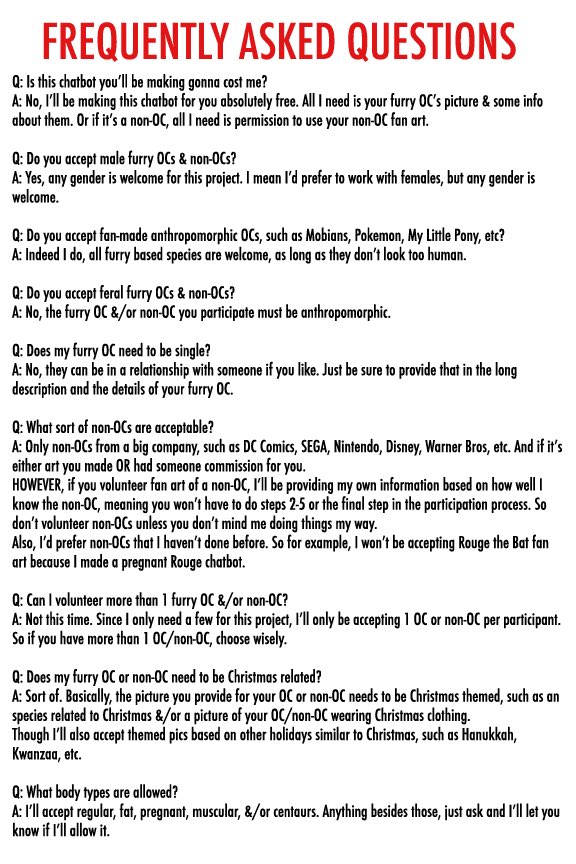 Hey there everybody!

Christmas time is just around the corner! And to celebrate, I thought I could unveil 12 Christmas-themed furry chatbots from Dec 14th-25th. But I’ll need some OCs and non-OCs to work with.

For more info, look at the pics attached to this tweet.👇