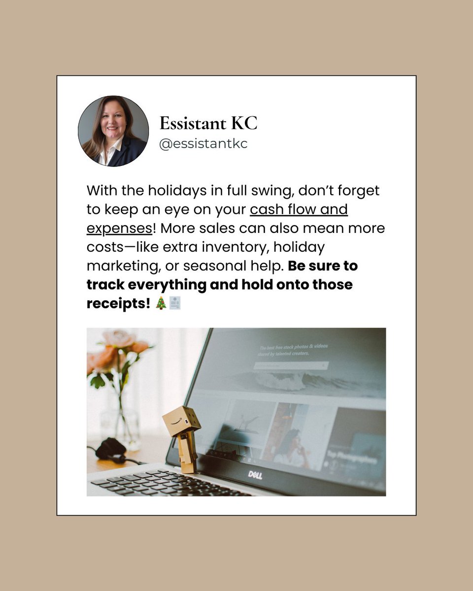 EssistantKC's tweet photo. With the holidays in full swing, it’s easy to get wrapped up in the sales rush. But while things are busy, don’t forget to keep an eye on your cash flow and expenses! 

Tag a business friend who could use this reminder https://t.co/rtfVHAAZEt