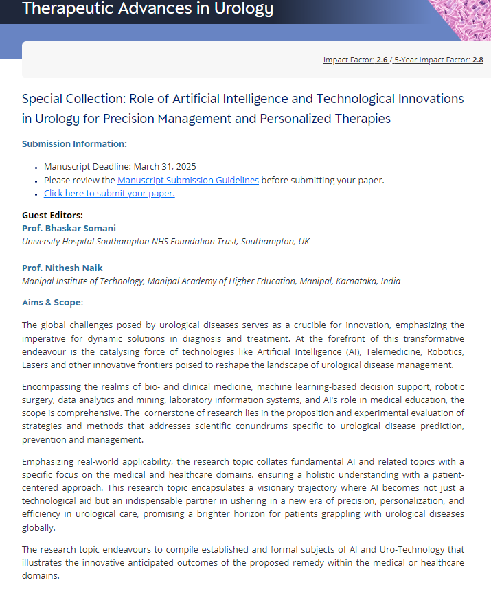 Therapeutic Advances in Urology (@ta_urology) on Twitter photo NEW Special Collection!
🔸'Advancements in Minimally Invasive Urology & Uro-technology: Current Status, Evolution & Future Prospects'
🔸In collaboration with <a href="/endouro/">Prof Bhaskar Somani</a> & Nithesh Naik
🔸Submit by 31st March for the chance to be featured
🔸Full details ➡bit.ly/4i5LaUT NEW Special Collection!
🔸'Advancements in Minimally Invasive Urology & Uro-technology: Current Status, Evolution & Future Prospects'
🔸In collaboration with <a href="/endouro/">Prof Bhaskar Somani</a> & Nithesh Naik
🔸Submit by 31st March for the chance to be featured
🔸Full details ➡bit.ly/4i5LaUT