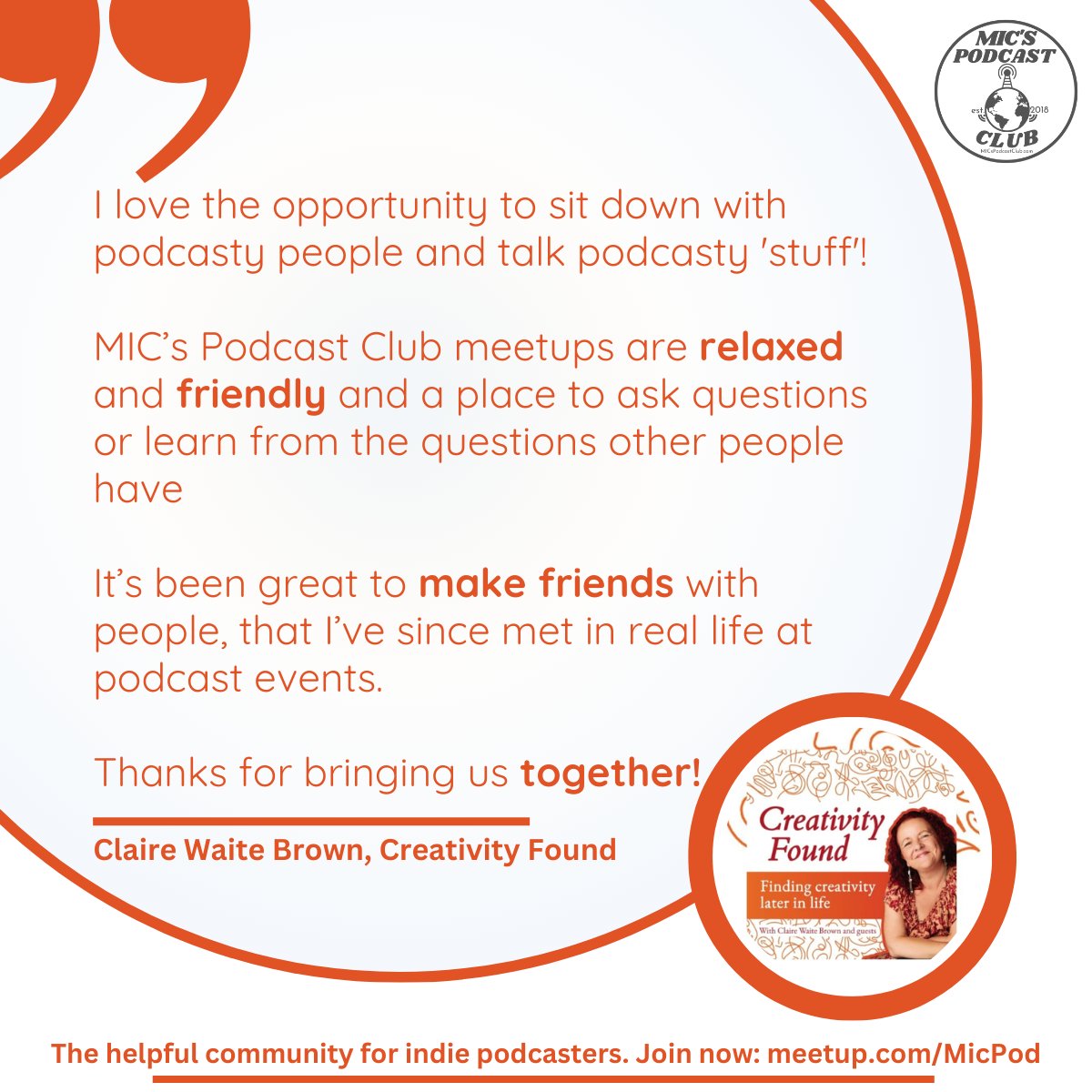 Vic Elizabeth Turnbull (@silentvic) on Twitter photo This week <a href="/MICsPodcastClub/">MIC’s Podcast Club</a> turns 6 years old 🎈
and we wanted to share some absolutely gorgeous reasons why our podcasters love being a member of one of the most unique podcaster communities there is.
Here's Claire Waite Brown from the Creativity Found podcast... This week <a href="/MICsPodcastClub/">MIC’s Podcast Club</a> turns 6 years old 🎈
and we wanted to share some absolutely gorgeous reasons why our podcasters love being a member of one of the most unique podcaster communities there is.
Here's Claire Waite Brown from the Creativity Found podcast...