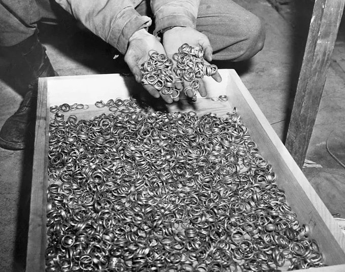 VertigoWarrior's tweet image. 14. Wedding rings that were removed from Holocaust victims before their execution at Buchenwald concentration camp in Weimar, Germany, 1945.