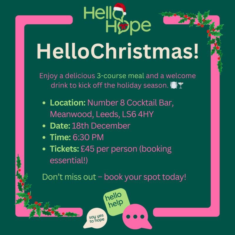 Join us to celebrate the festive season on Wednesday 18th December from 6.30pm at Number 8 Cocktail Bar, Meanwood, Leeds 🥳 
 
Enjoy a welcome drink and a delicious 3-course meal.
 
We have a private space for up to 40 so all are welcome! 🩷🤍💚 

tickettailor.com/events/helloho…