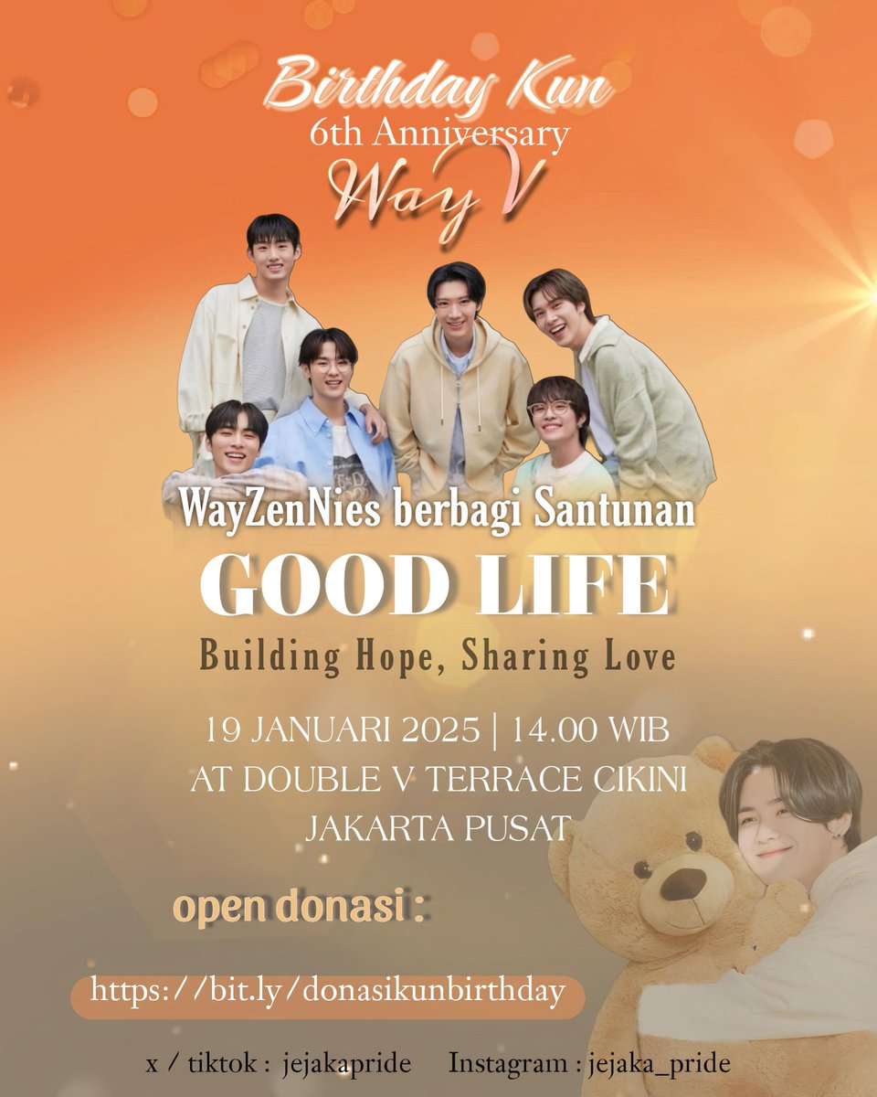 jejakapride's tweet photo. Birthday Kun & Anniversary WayV ke 6th WayZenNies berbagi santunan | Jejaka Pride x ByKunWayV
Minggu, 19 Januari 2025
Jam 14.00 WIB
Di Double V Terrace Cikini, Jakarta Pusat
Link donasi https://t.co/8goUZxKdU2
See u
#jejakapride_event
#wayv #威神V #wayzennie
#goodlifewithwayv https://t.co/VMcnIdjhv2
