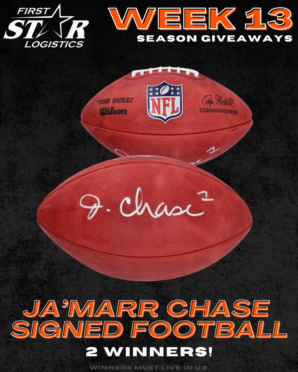 First Star Logistics (@firststarlog) on Twitter photo 🐅WEEK 13🐅
We are waving bye to the bye week and hello to the rest of Season Giveaways! You have this week to enter to win a football signed by Ja'Marr Chase🔥
Here's how:
🏈Follow us
🏈Follow <a href="/JoeGoodberry/">Goodberry</a>
🏈Follow <a href="/JakeLiscow/">Jake Liscow</a>
🏈Follow <a href="/DLInTheTrenches/">Dave Lapham "In The Trenches" Podcast/Videocast</a>
🏈RT this tweet 🐅WEEK 13🐅
We are waving bye to the bye week and hello to the rest of Season Giveaways! You have this week to enter to win a football signed by Ja'Marr Chase🔥
Here's how:
🏈Follow us
🏈Follow <a href="/JoeGoodberry/">Goodberry</a>
🏈Follow <a href="/JakeLiscow/">Jake Liscow</a>
🏈Follow <a href="/DLInTheTrenches/">Dave Lapham "In The Trenches" Podcast/Videocast</a>
🏈RT this tweet
