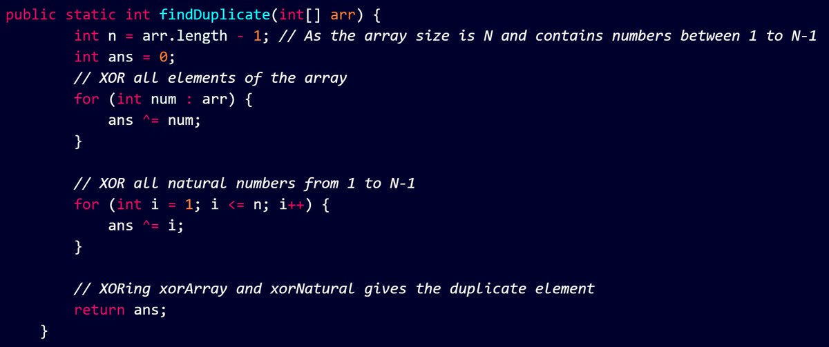 45NitinVerma's tweet image. 🎯 Solved &quot;Find Duplicate in Array&quot; on @CodingNinjasOff 

💡 Approach: Used XOR operation for O(n) time &amp;amp; O(1) space
- XOR all elements
- XOR with 1 to N-1
- Get duplicate!

Example: [1,2,3,4,4] ➡️ Output: 4

#DSA #CodingInterview #Programming