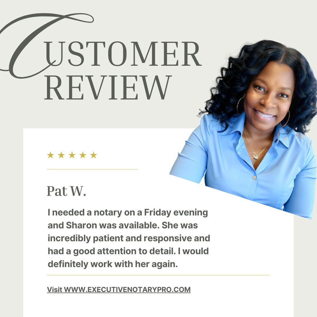 NotaryExecutive's tweet image. Need a notary at an unconventional time?  Sharon Dixon is here to help! Responsive, patient, and detail-oriented—even on a Friday evening. Let me make your notarization stress-free. Call or message me today! 📞✍️ #ExecutiveNotaryPro #NotaryServices  #LoanSigningAgent
