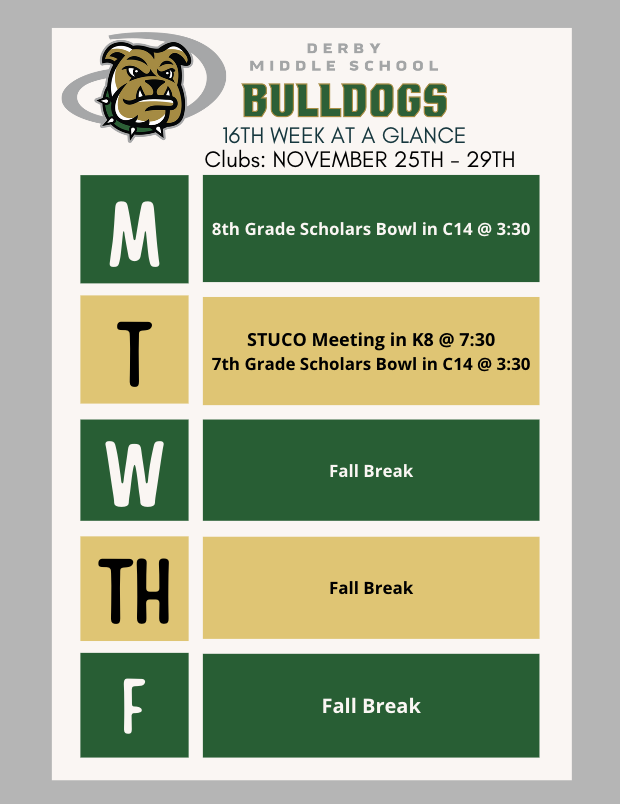 Enjoy your short week and break!  We'll see everyone back Monday for the home stretch of the first semester!