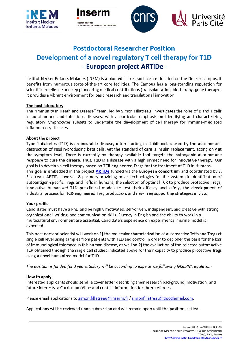 INEM NECKER (@neckerinem) on Twitter photo 🎓 Join us at INEM!
Two postdoc positions in the "Immunity in Health & Disease" lab <a href="/FillatreauSimon/">Simon Fillatreau</a>:
1⃣ T cell therapy for Type 1 Diabetes (<a href="/ARTiDeTregT1D/">ARTiDe</a>) 👉 institut-necker-enfants-malades.fr/index.php/offr…
2⃣ Microglia biology in neuroinflammatory disease 👉 institut-necker-enfants-malades.fr/index.php/offr…
Spread the word! 🌟 🎓 Join us at INEM!
Two postdoc positions in the "Immunity in Health & Disease" lab <a href="/FillatreauSimon/">Simon Fillatreau</a>:
1⃣ T cell therapy for Type 1 Diabetes (<a href="/ARTiDeTregT1D/">ARTiDe</a>) 👉 institut-necker-enfants-malades.fr/index.php/offr…
2⃣ Microglia biology in neuroinflammatory disease 👉 institut-necker-enfants-malades.fr/index.php/offr…
Spread the word! 🌟