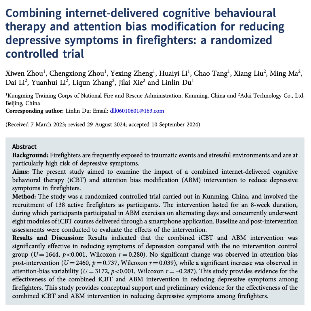 BCP New FirstView paper: Combining internet-delivered cognitive behavioural therapy and attention bias modification for reducing depressive symptoms in firefighters: a randomized controlled trial

Full free text at ow.ly/MroP50UeQYW