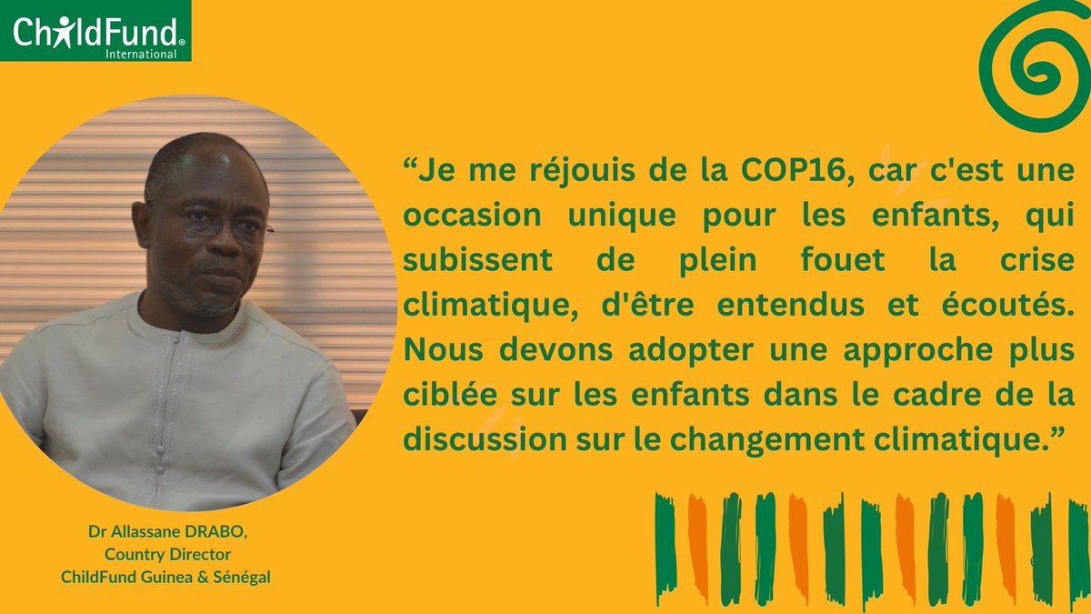 Du 03 au 07 décembre 2024, ChildFund Sénégal &amp; Guinée sera fièrement représentée à la COP16 à Riyad par Dr Allassane Drabo, Directeur pays, et Abdourahmane Niang, jeune champion pour le climat.

Suivez-nous pour ne rien rater sur la participation de ChildFund à #COP16Riyadh.