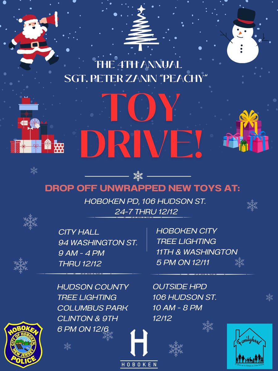 🧸The annual "Sgt. Peter Zanin Peachy Toy Drive" has begun. 
🎁Please consider donating unwrapped/new toys for local kids. 
🪀Drop-off locations are listed ⬇️ &amp; include <a href="/CityofHoboken/">City of Hoboken</a> City Hall during regular biz hours &amp; the <a href="/HobokenPD/">Hoboken Police</a> Station 24/7. 
🙏Thank you in advance.