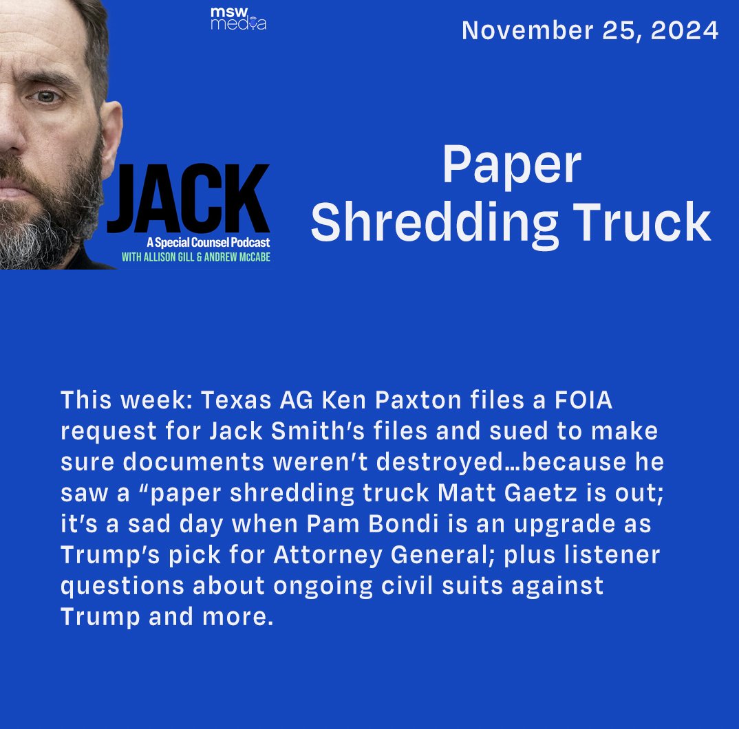 mswmediapods's tweet photo. New #JackPod 🔥 with @MuellerSheWrote & #AndyMcCabe. #MSWMedia
Listen: https://t.co/fnsGJmI8sk https://t.co/hI1Zd1GFuc