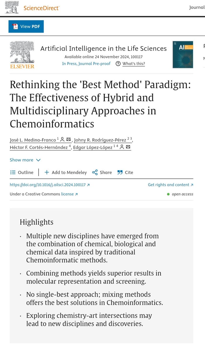 In #chemoinformatics, the search for 'the best method' is widespread. However, this work shows that hybrid methodologies outperform individual approaches by balancing strengths and limitations. A paradigm shift is needed.
doi.org/10.1016/j.ails…
#AI #CASFutureLeaders #LatinXChem