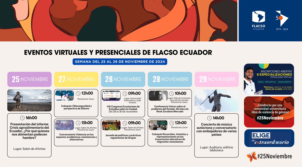 FLACSOec's tweet photo. 🗓🤓 Esta semana en FLACSO Ecuador te invitamos a una variedad de eventos virtuales y presenciales que no te puedes perder.
Más información »» https://t.co/LhMumBzs3S
#FLACSOEcuador #EventosFLACSO #ComunidadFLACSO #EligeloExtraordinario #ADNFLACSO https://t.co/DA3y52xVfH