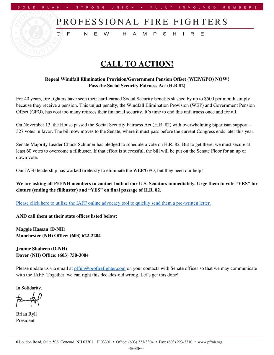 PFFNH's tweet image. 📷 CALL TO ACTION! 📷
The U.S. Senate must act to repeal WEP and GPO for Social Security Fairness! Please read through President Ryll's Call to Action and use the link below to send a pre-written letter!
votervoice.net/iframes/IAFF/C…